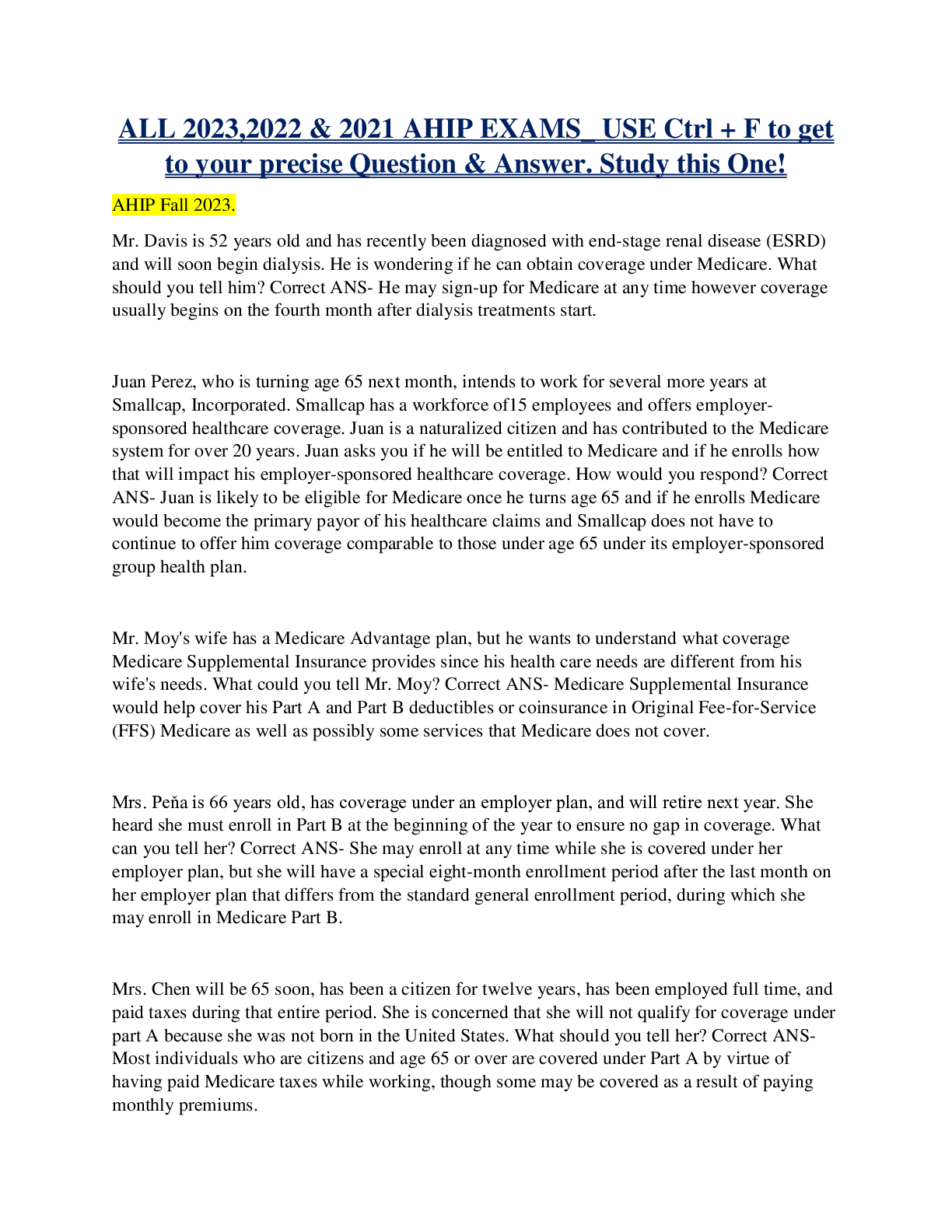 Preview image for AHIP Certification Exams ALL 2023,2022 & 2021> USE Ctrl + F to get to your precise Question & Answer. Study this One!